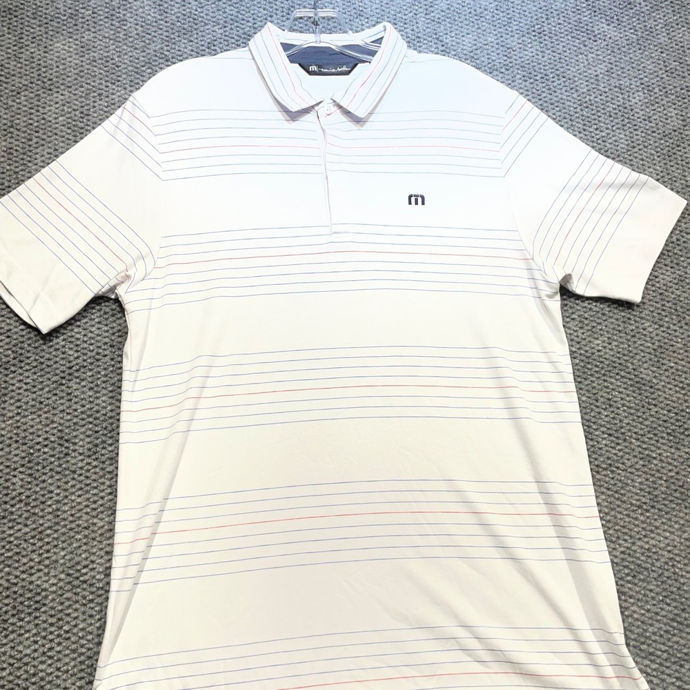 TravisMathew Mens Medium White Striped Short Sleeve Golf Polo Shirt